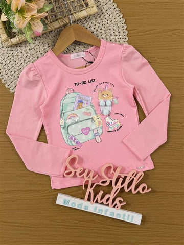 Blusa Infantil Kukiê Inverno Térmica Manga Longa Rosa com Pom pom