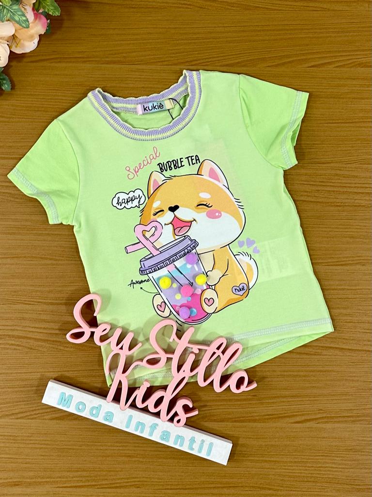 Blusa Infantil Kukie Verão Verde Gatinho Milk