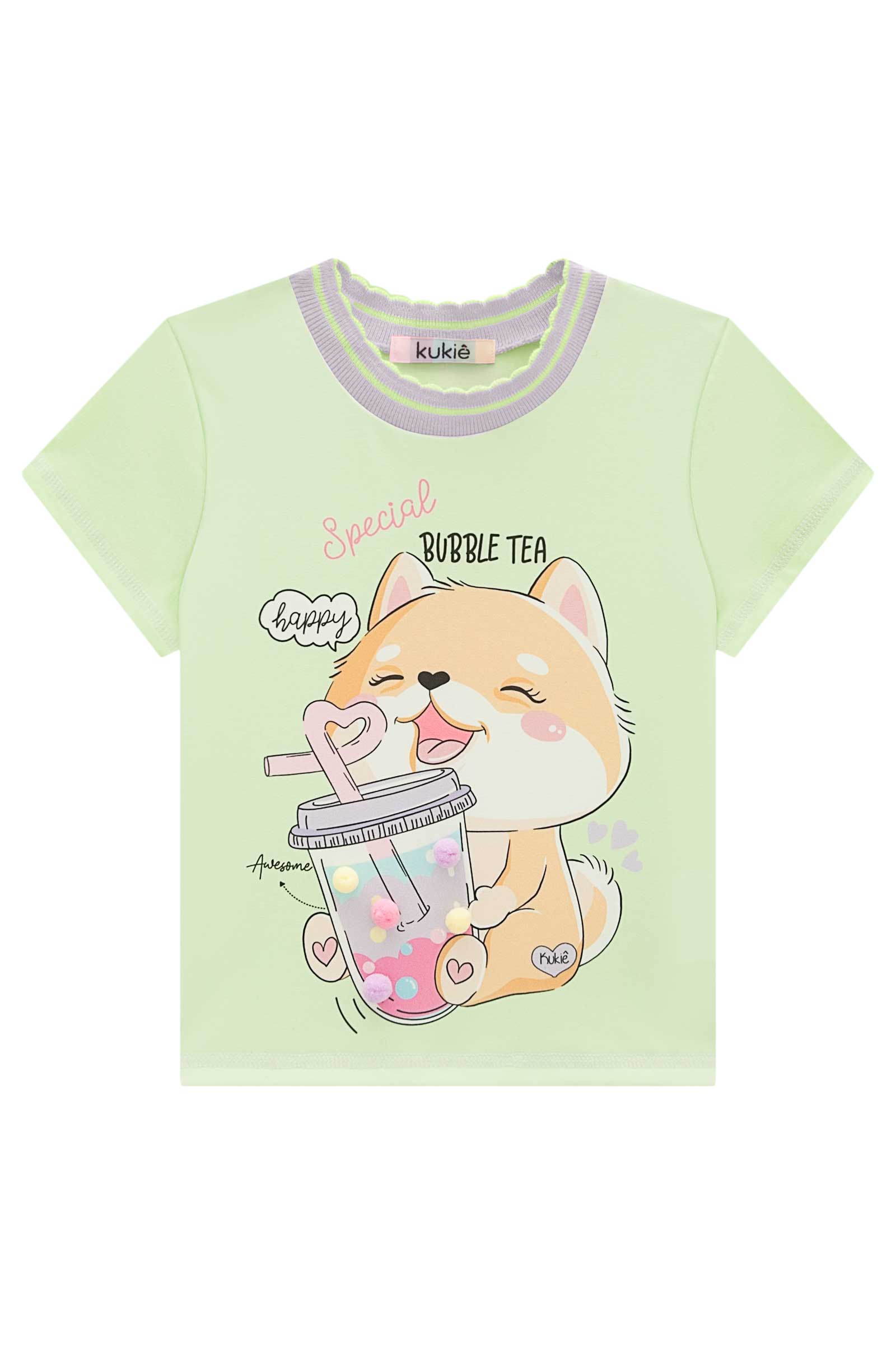 Blusa Infantil Kukie Verão Verde Gatinho Milk