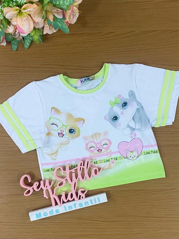 Blusa Infantil Kukie Verão Branca Gatinho Love Neon