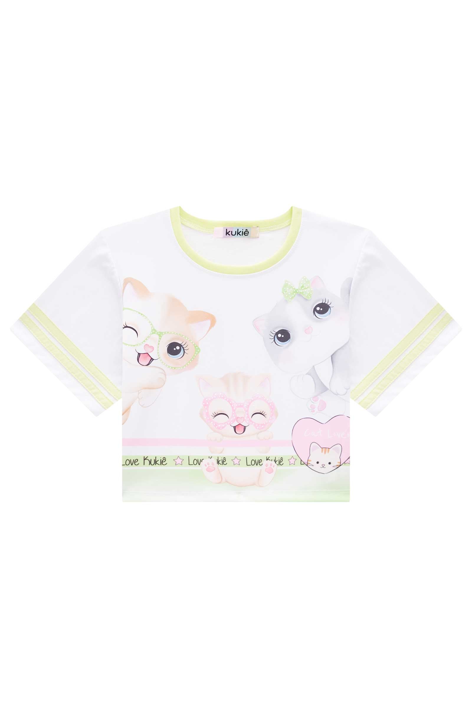 Blusa Infantil Kukie Verão Branca Gatinho Love Neon