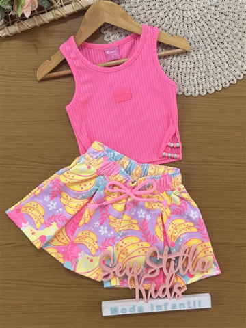 Conjunto Infantil Cinti Verão com Shorts Estampado Colorido e Regata Rosa