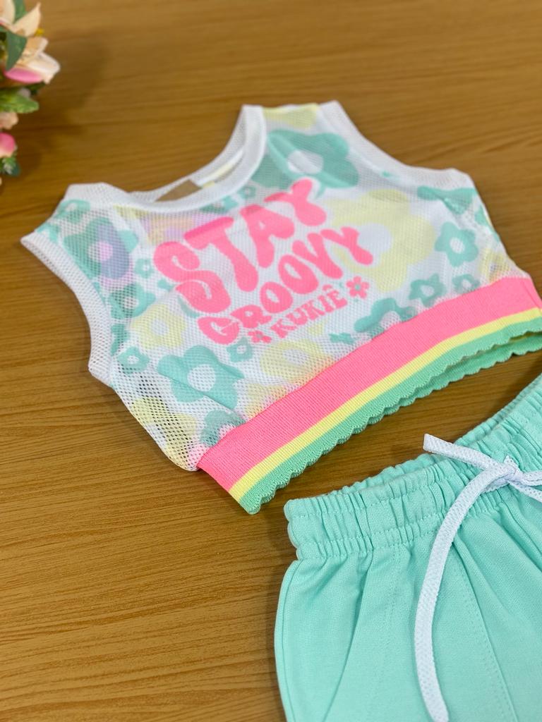 Conjunto Infantil Kukie Verão Com Shorts Sobreposição em Tela e Top Flores Blue