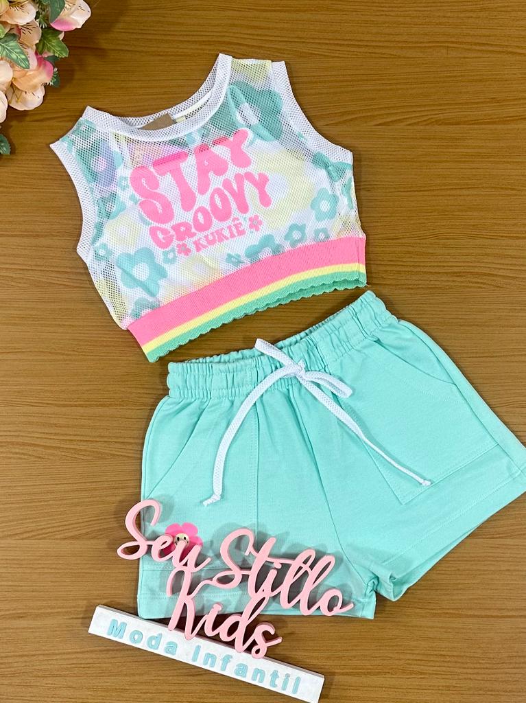 Conjunto Infantil Kukie Verão Com Shorts Sobreposição em Tela e Top Flores Blue