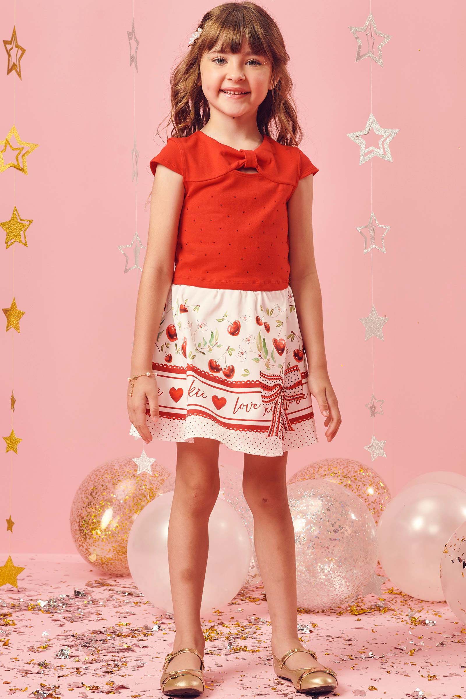 Conjunto Infantil Kukie Verão Com Saia e Blusa Cerejinha