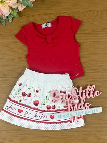 Conjunto Infantil Kukie Verão Com Saia e Blusa Cerejinha