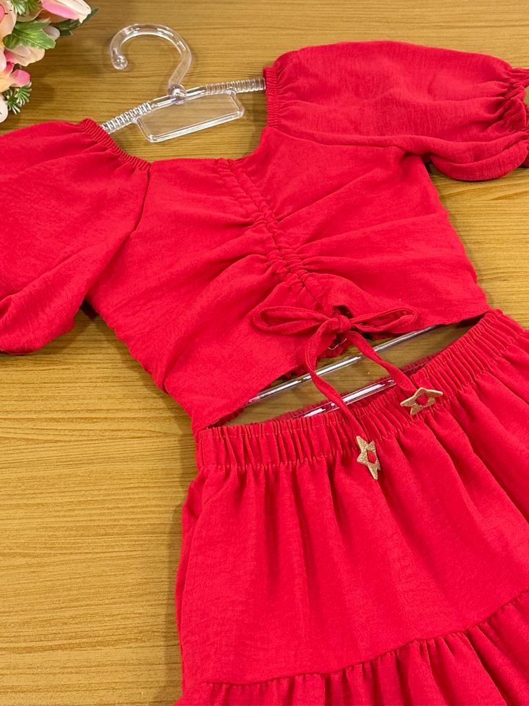 Conjunto Infantil Kukie Verão Com Saia e Cropped  Vermelho Natal