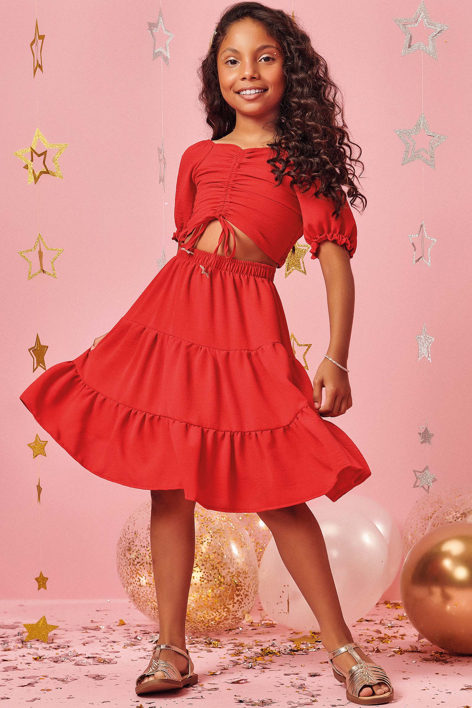 Conjunto Infantil Kukie Verão Com Saia e Cropped  Vermelho Natal