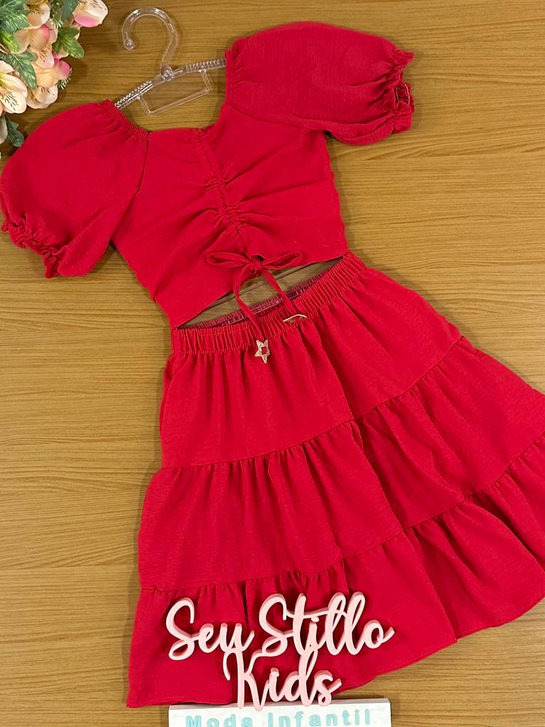 Conjunto Infantil Kukie Verão Com Saia e Cropped  Vermelho Natal