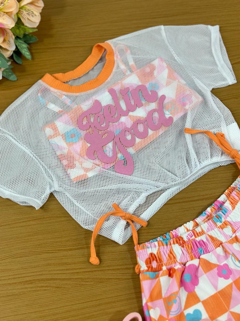 Conjunto Infantil Kukie Verão Com Shorts Blusa Boxy Em Tela e Top Florzinhas