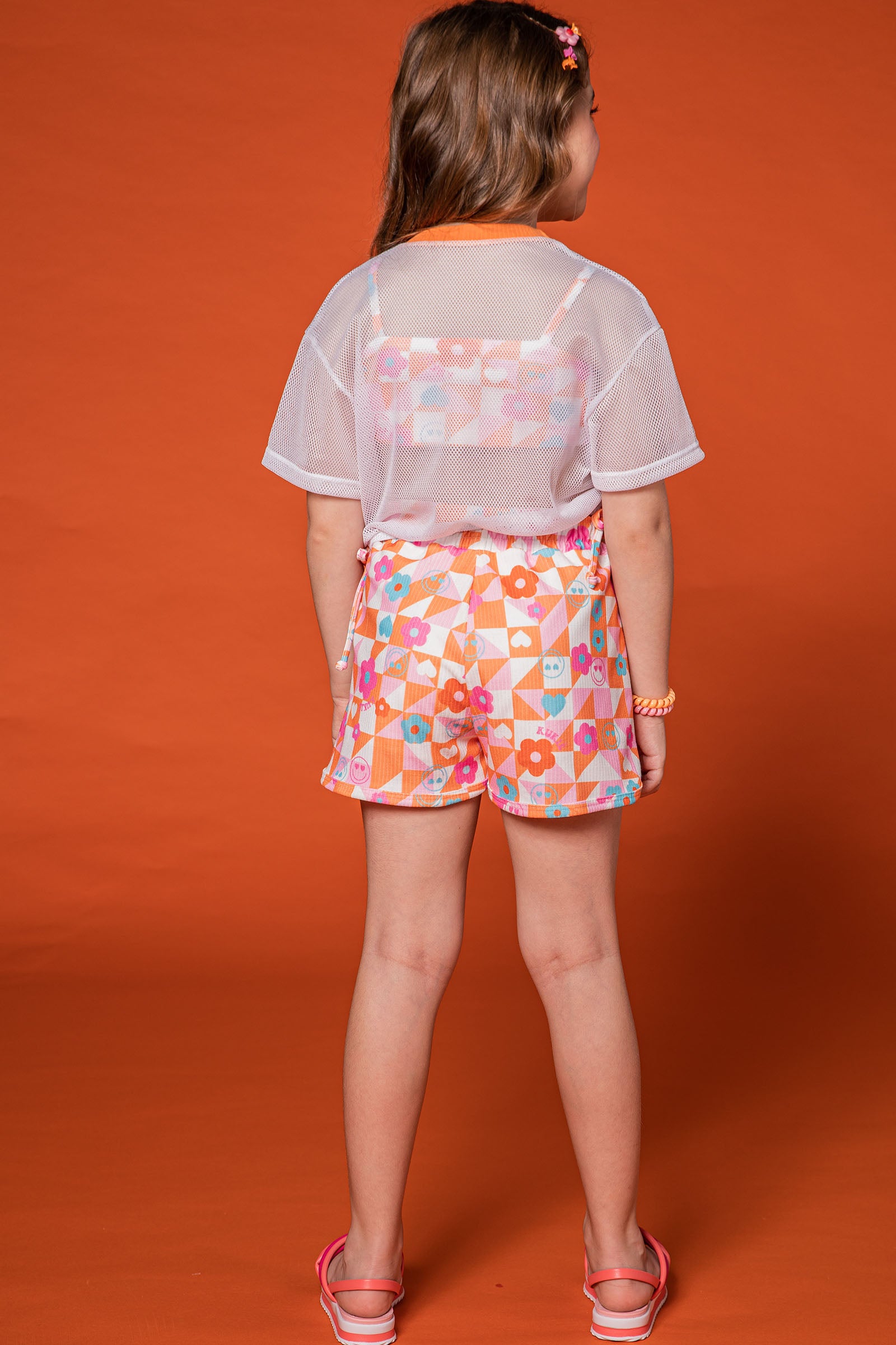 Conjunto Infantil Kukie Verão Com Shorts Blusa Boxy Em Tela e Top Florzinhas