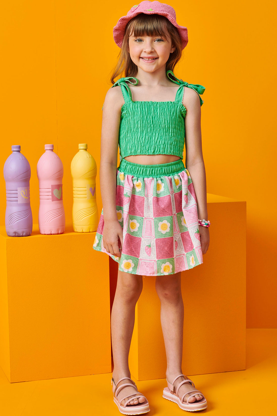 Conjunto Infantil Kukie Verão Com Cropped e Saia Primavera