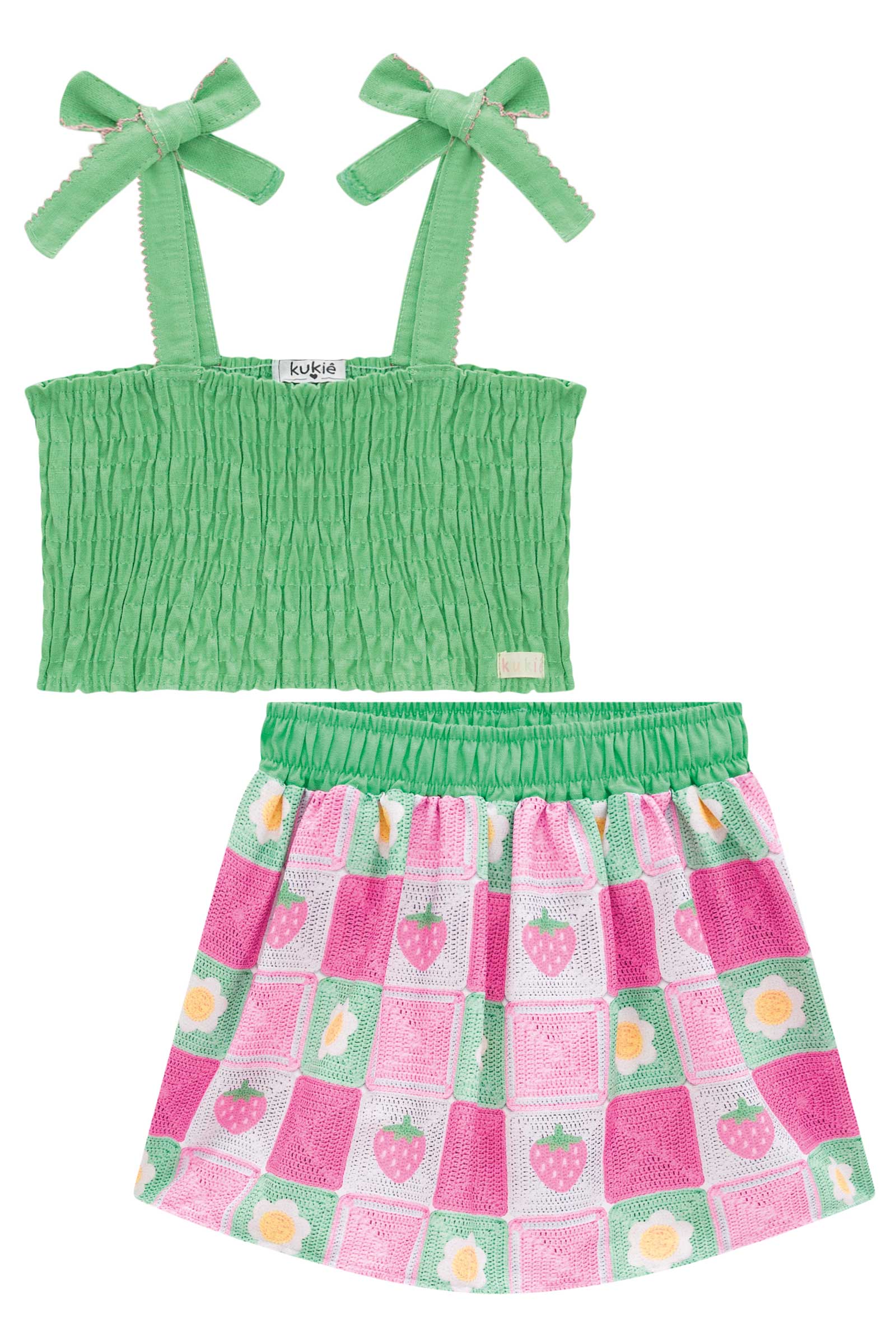Conjunto Infantil Kukie Verão Com Cropped e Saia Primavera