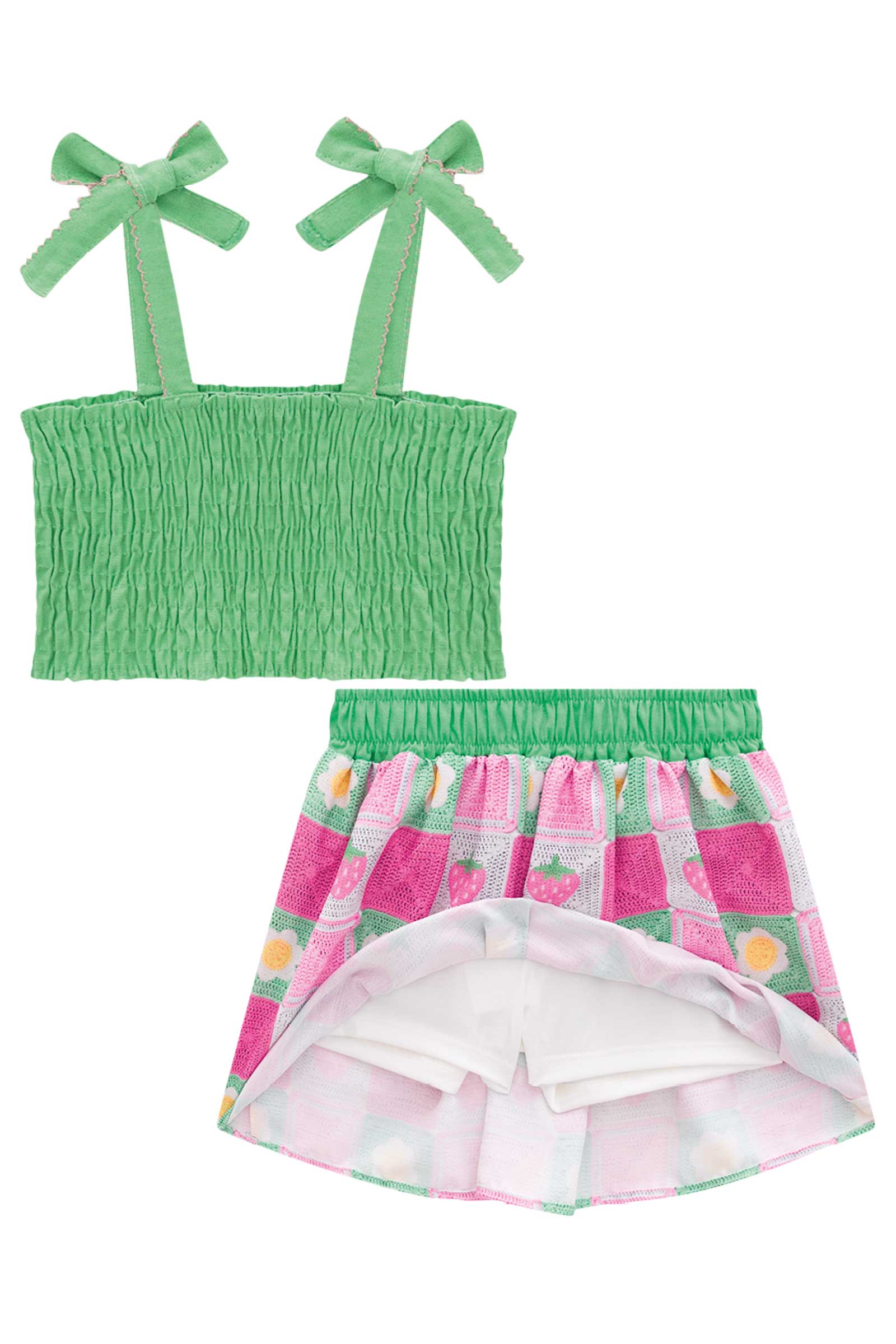 Conjunto Infantil Kukie Verão Com Cropped e Saia Primavera