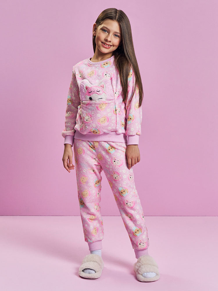 Pijama Infantil Cinti Inverno com Calça e Casaco Rosa Bichinhos