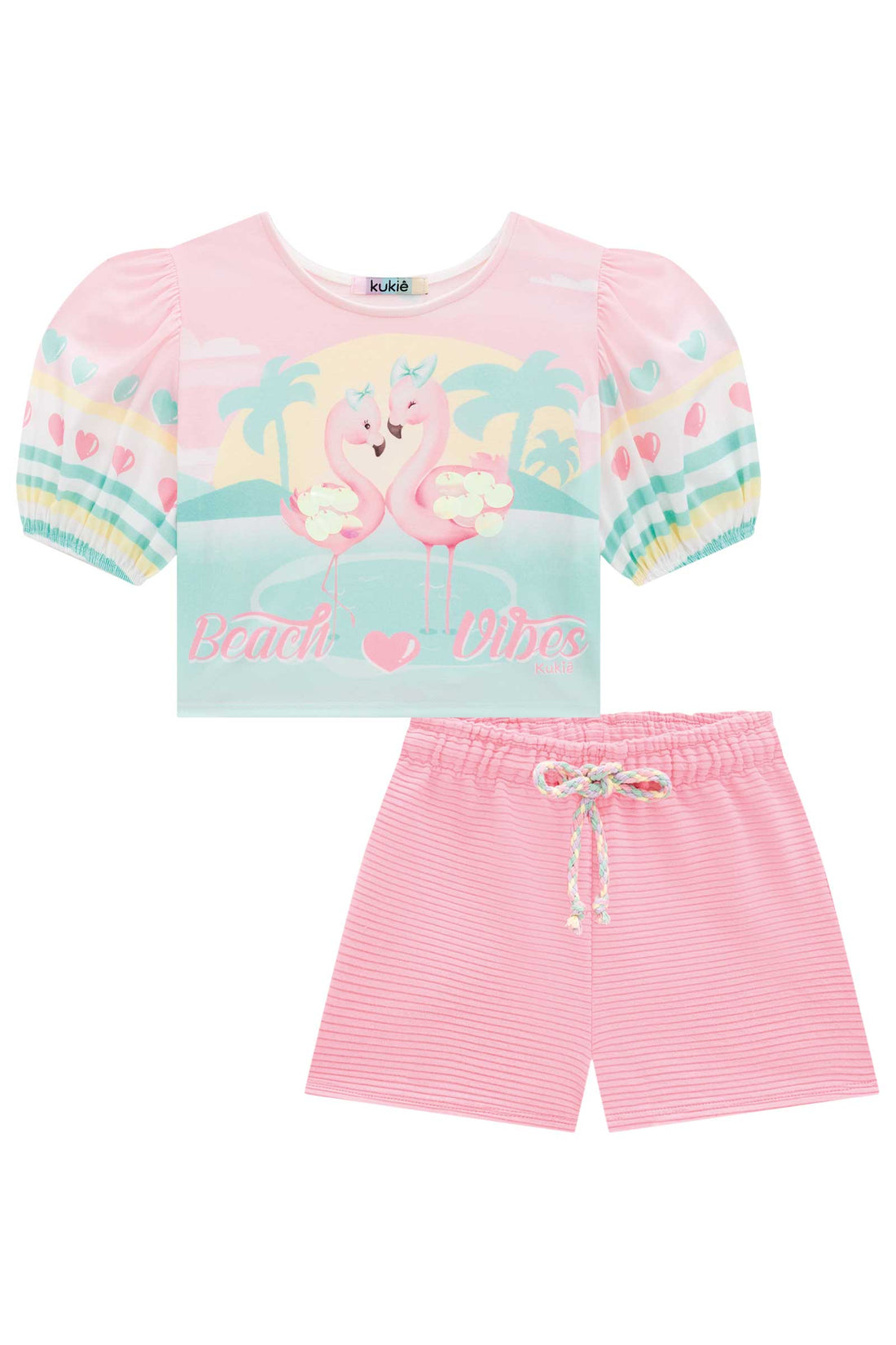 Conjunto Infantil Kukie Verão Com Shorts e Blusa Rosa Flamingo Beach