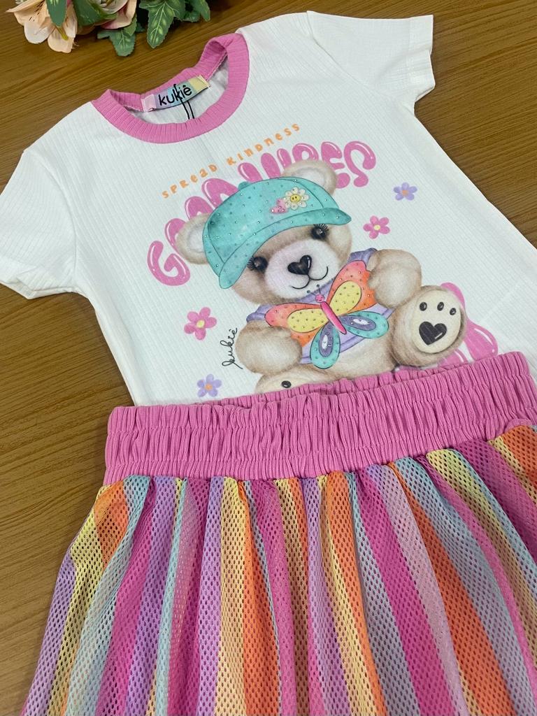 Conjunto Infantil Kukie Verão Com Saia e Blusa Ursinha Good Vibes