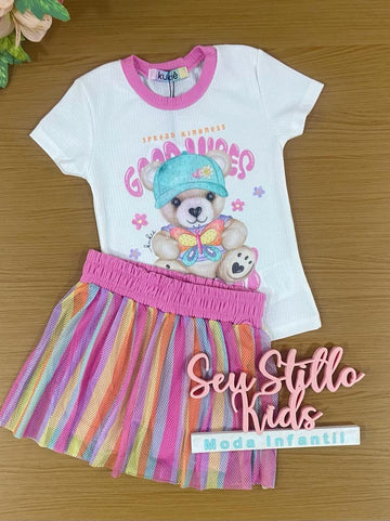 Conjunto Infantil Kukie Verão Com Saia e Blusa Ursinha Good Vibes