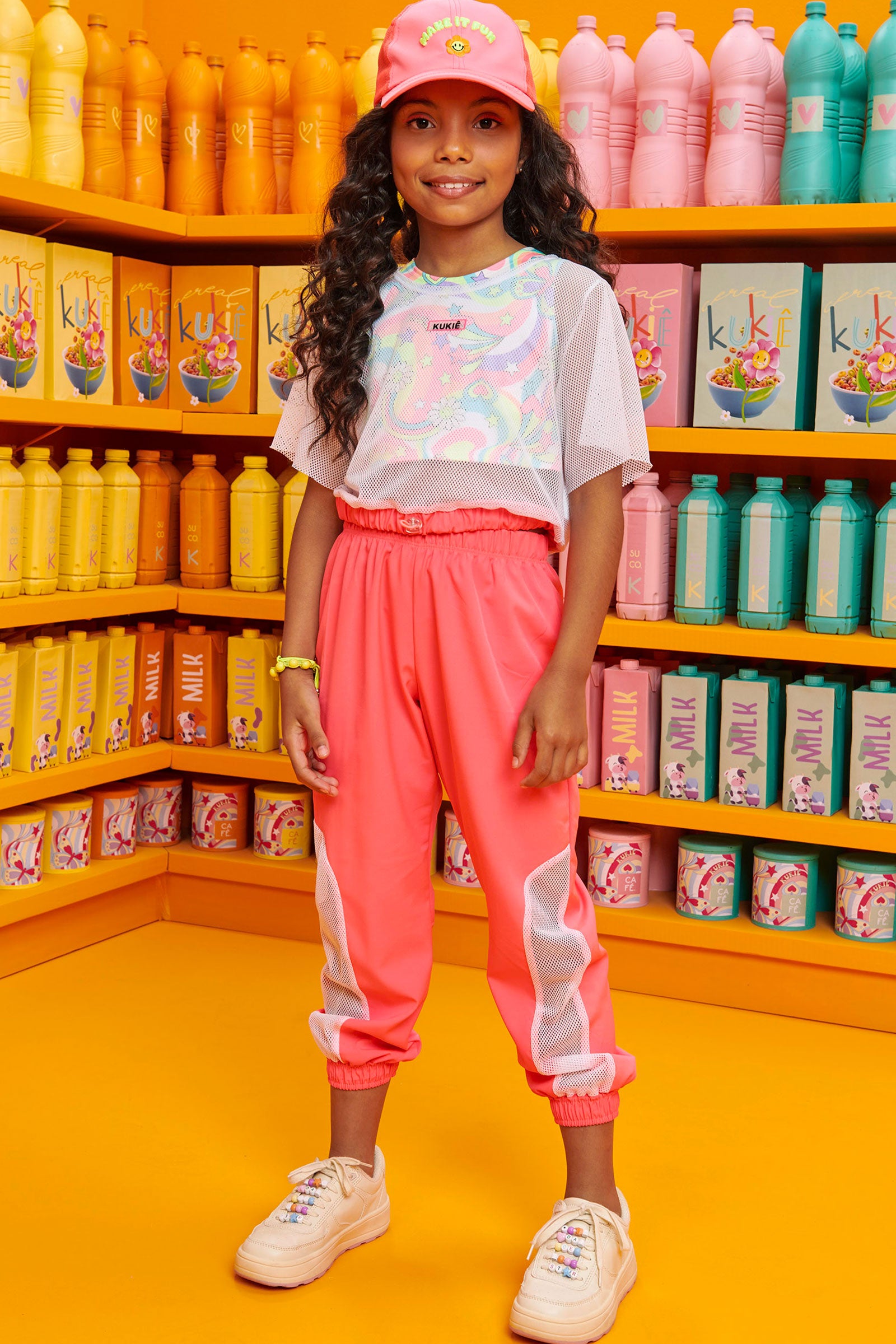 Conjunto Infantil Kukie Verão Com Sobreposição em Tela Top e Calça Neon