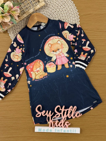 Vestido Infantil Kukiê Inverno Azul Marinho Raposinha Cogumelo