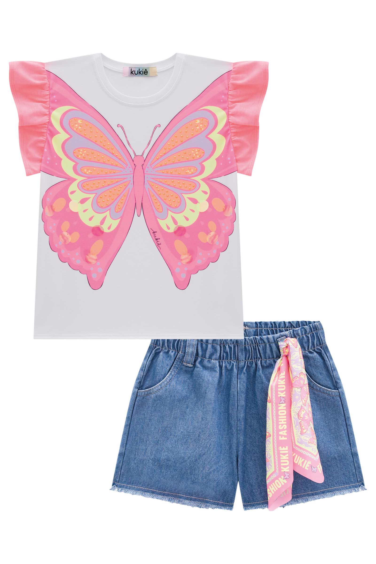 Conjunto Infantil Kukie Verão Com Shorts Jeans e Blusa Branca Borboleta