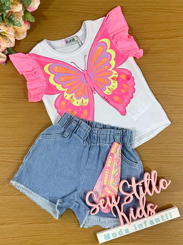 Conjunto Infantil Kukie Verão Com Shorts Jeans e Blusa Branca Borboleta