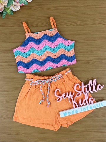 Conjunto Infantil Kukie Verão Com Shorts e Blusa Crochê 3D