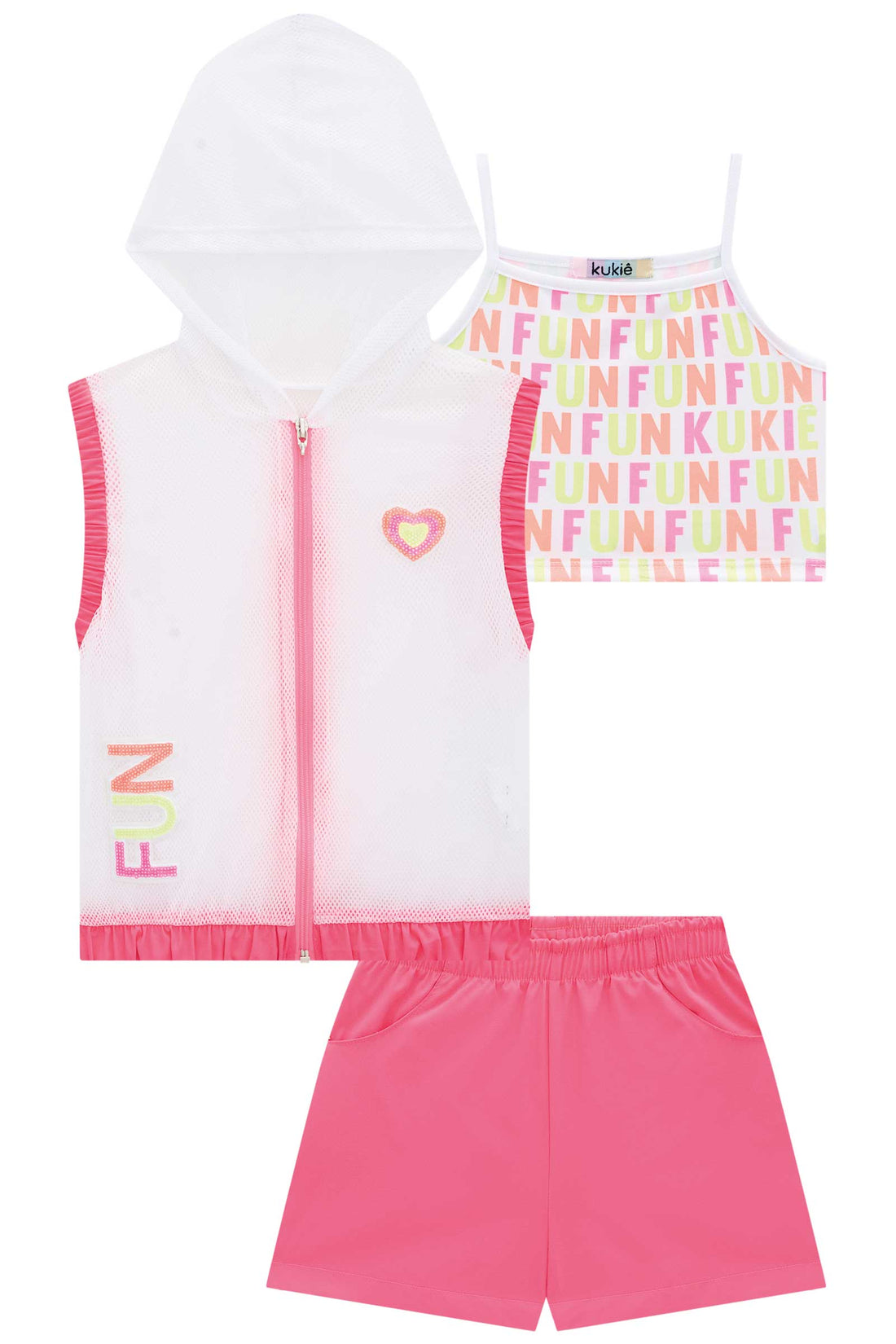 Conjunto Infantil Kukie Verão Com Shorts Colete em Tela e Cropped Neon Fun Rosa