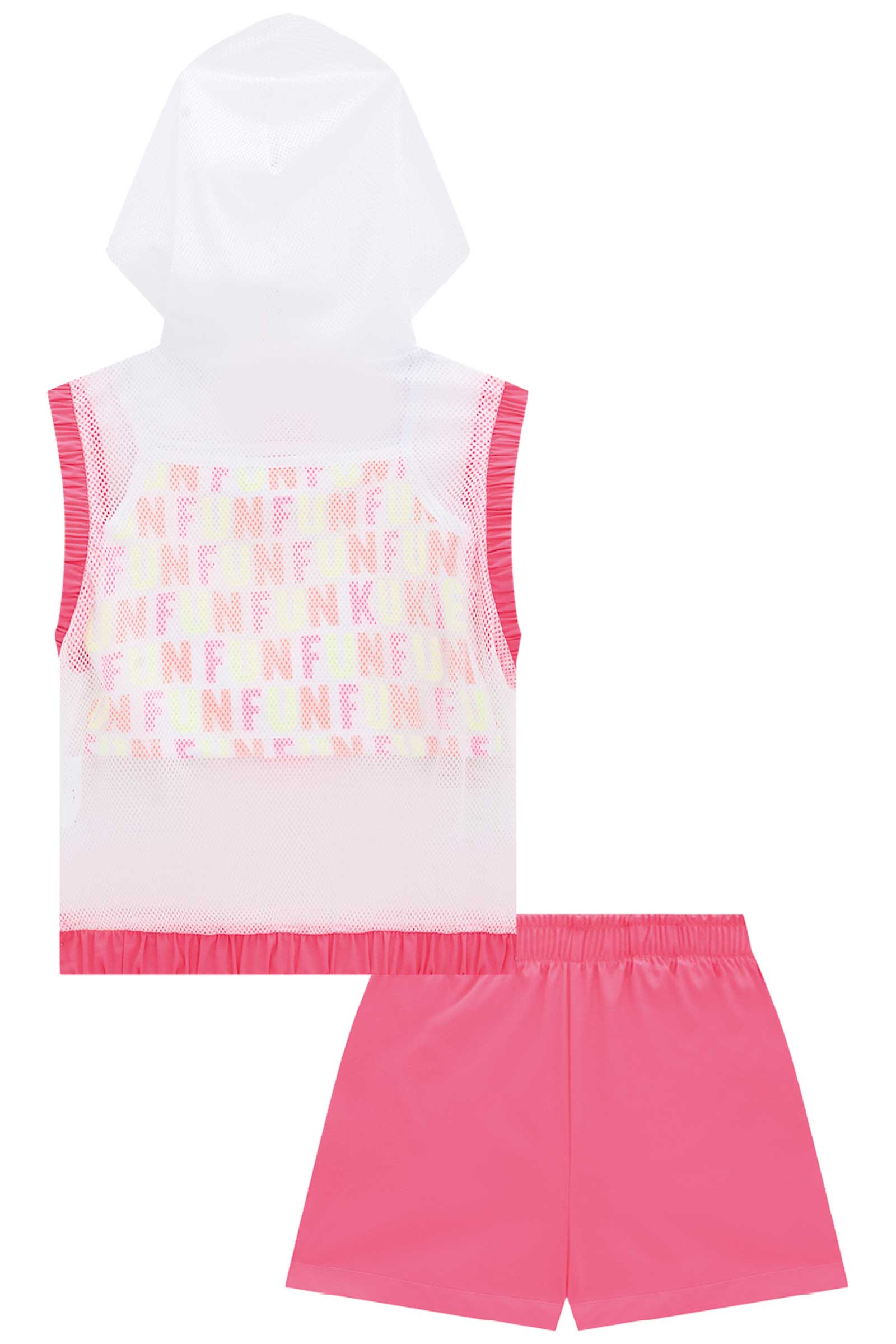 Conjunto Infantil Kukie Verão Com Shorts Colete em Tela e Cropped Neon Fun Rosa