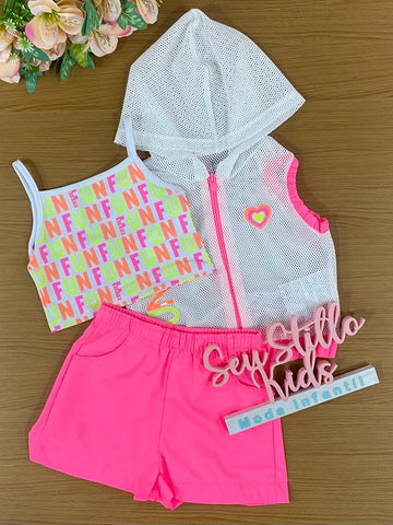 Conjunto Infantil Kukie Verão Com Shorts Colete em Tela e Cropped Neon Fun Rosa