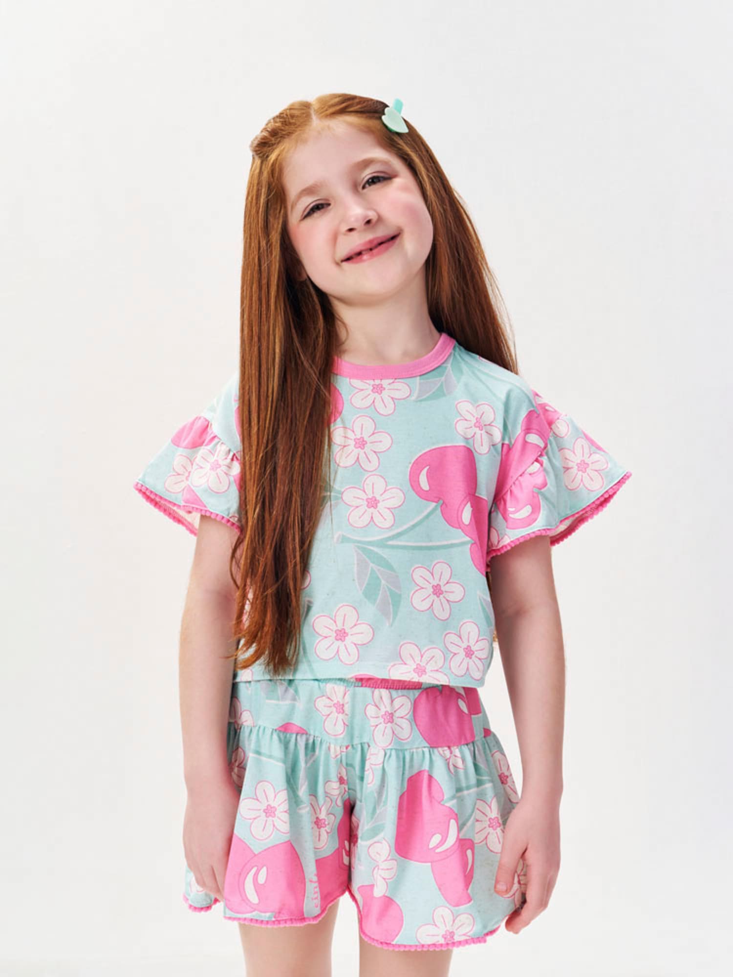 Conjunto Infantil Cinti Verão com Shorts e Blusa Verde Floral