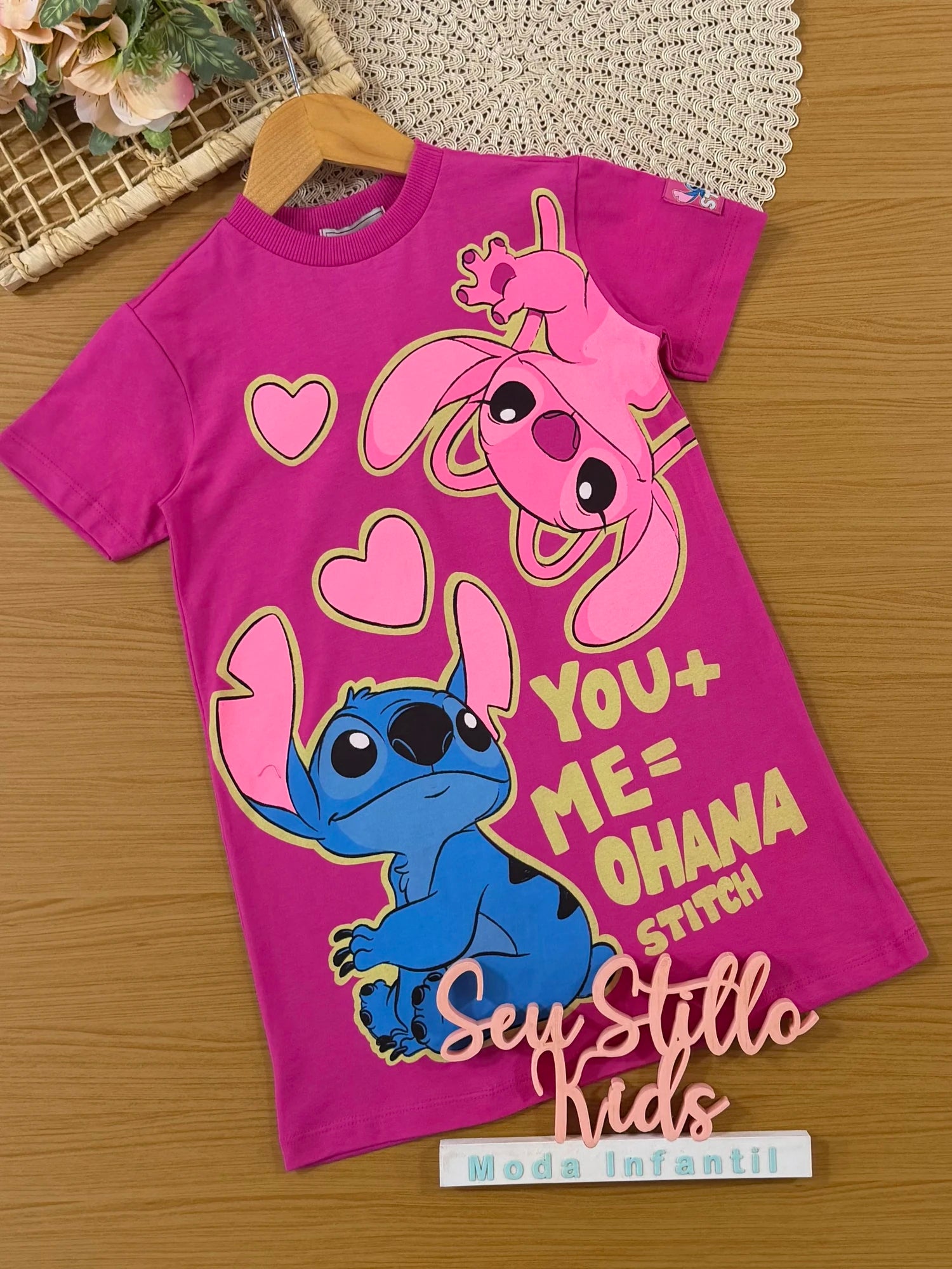 Vestido Infantil Bimbi Inverno Rosa Stitch e Angel Disney