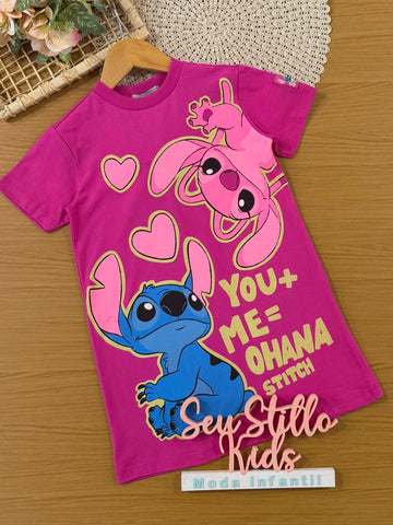 Vestido Infantil Bimbi Inverno Rosa Stitch e Angel Disney