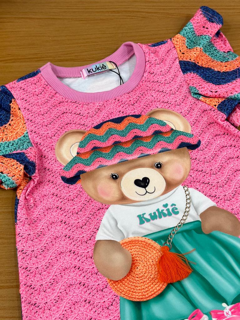 Vestido Infantil Kukie Verão Crochê 3D Ursinha