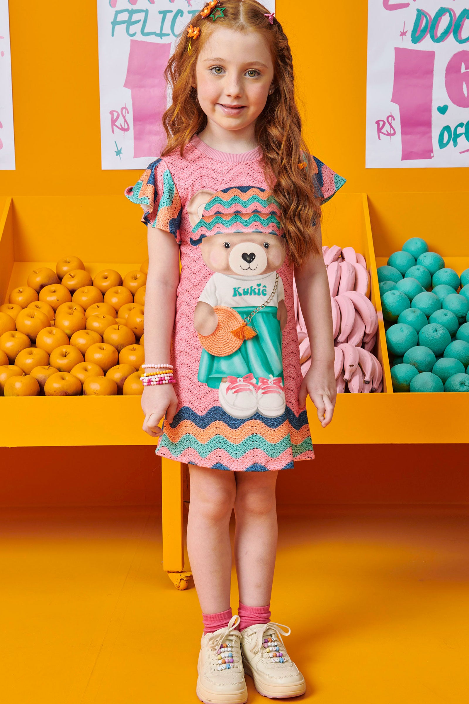 Vestido Infantil Kukie Verão Crochê 3D Ursinha