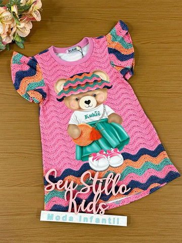 Vestido Infantil Kukie Verão Crochê 3D Ursinha