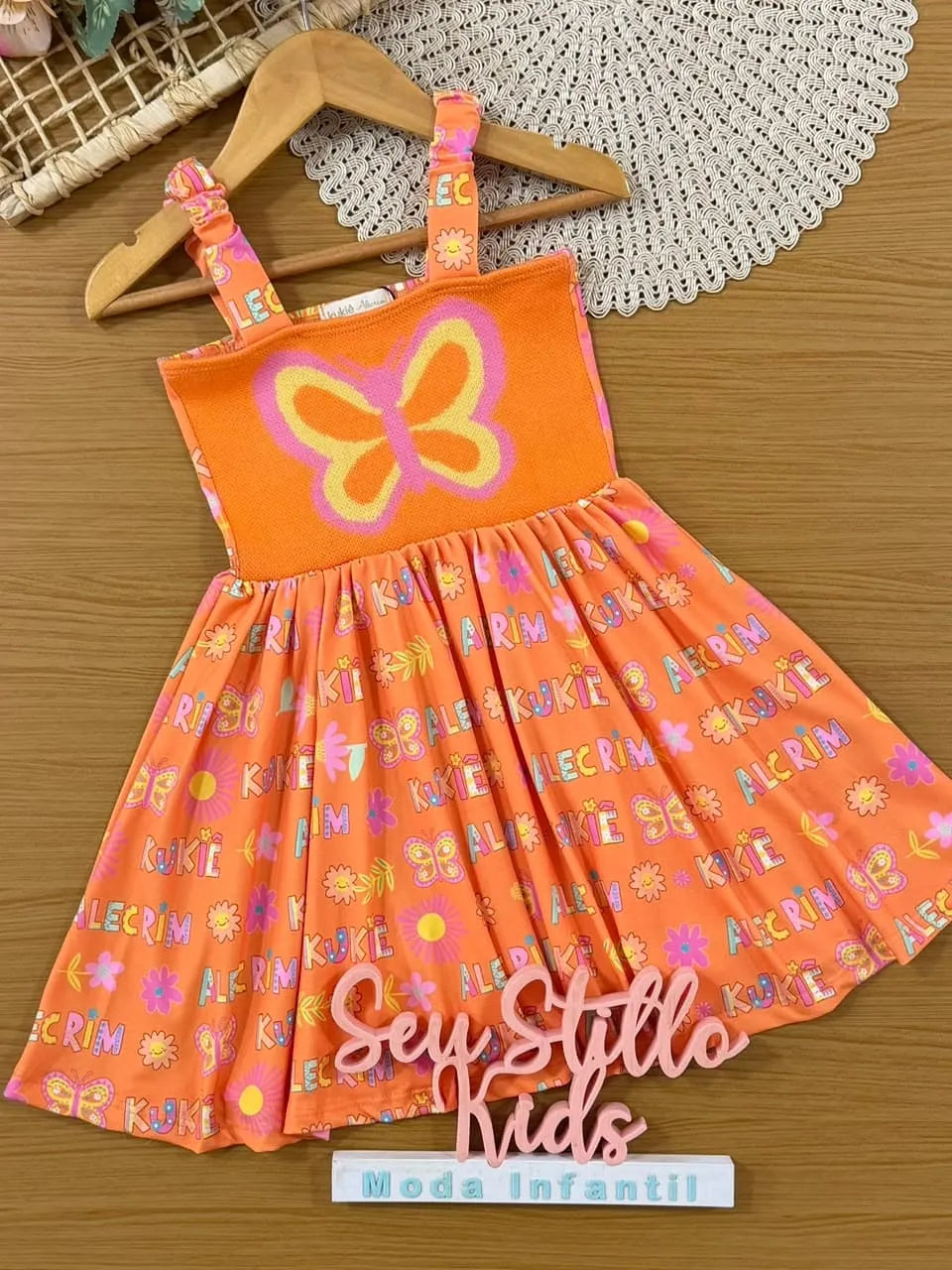 Vestido Infantil Kukiê Verão Laranja Borboletinha