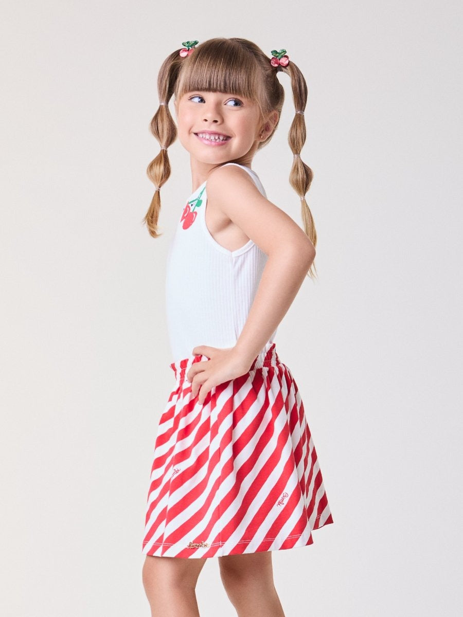 Conjunto Infantil Bimbi Verão com Saia Listrada e Regata Branca Cerejinha