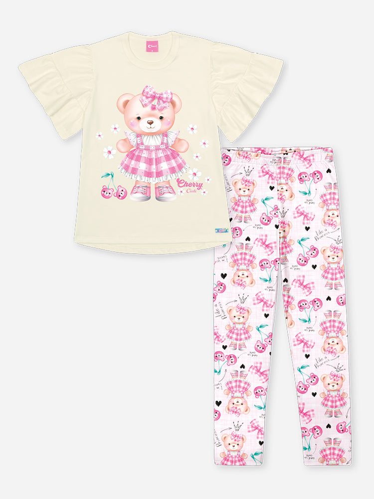 Conjunto Infantil Cinti com Calça Rosa e Blusa Branca Ursinha com Strass