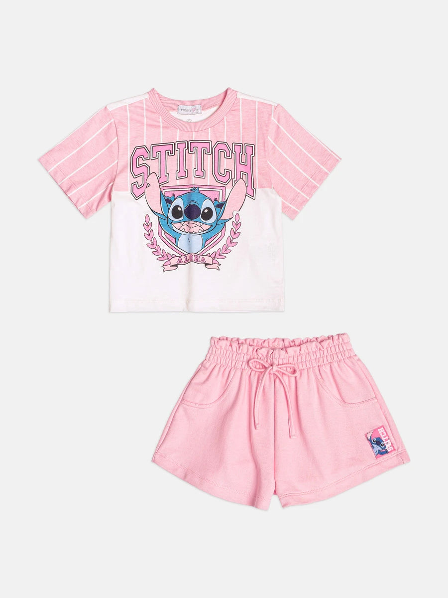 Conjunto Infantil Momi Inverno com Shorts Rosa e Blusa Manga Curta Listrada Stitch Aloha Disney