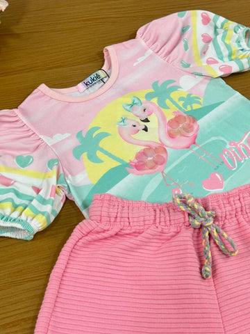 Conjunto Infantil Kukie Verão Com Shorts e Blusa Rosa Flamingo Beach