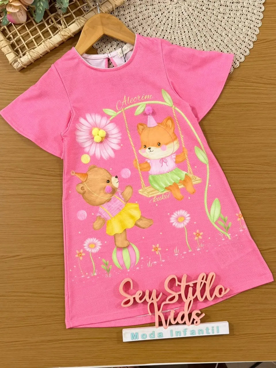 Vestido Infantil Kukiê Verão Rosa Roposinha e Ursinha