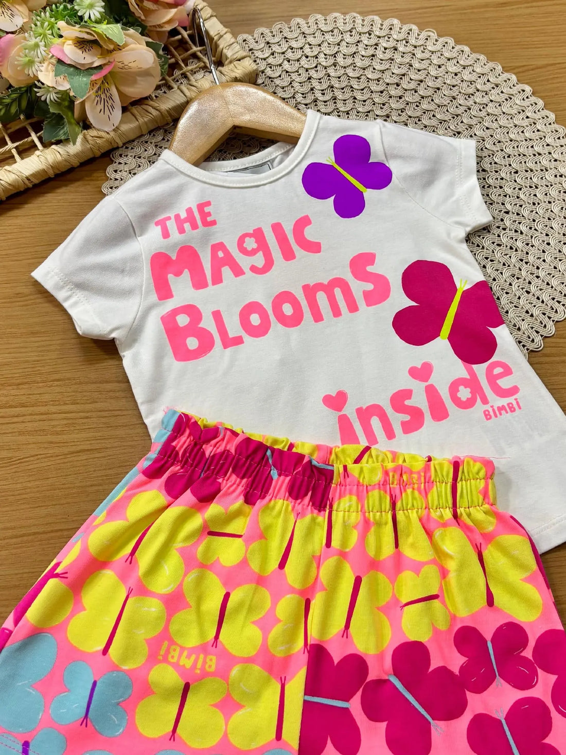 Conjunto Infantil Menina Bimbi com Shorts Rosa e Blusa Branca Borboletinhas
