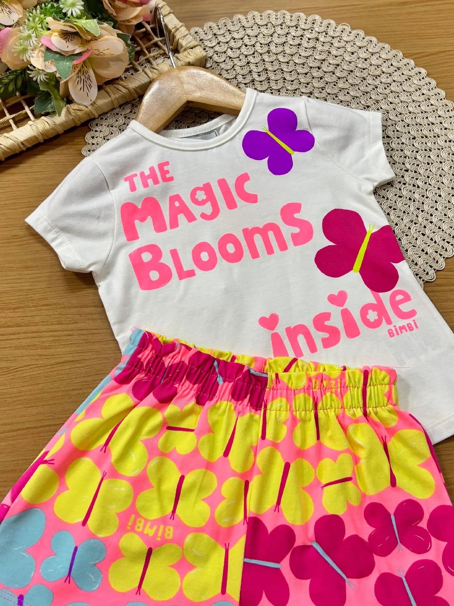 Conjunto Infantil Menina Bimbi com Shorts Rosa e Blusa Branca Borboletinhas