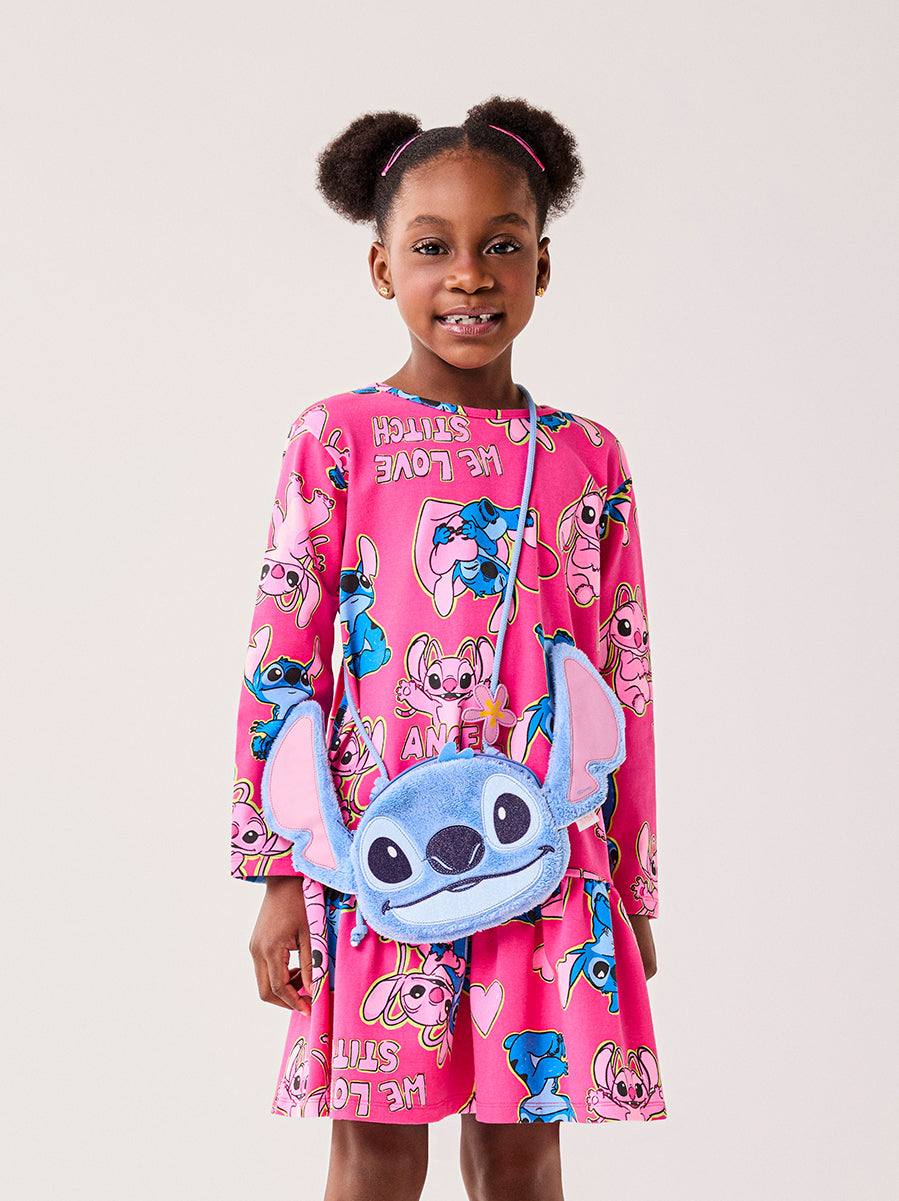 Vestido Infantil Bimbi Inverno Rosa Stitch e Angel Corações Disney