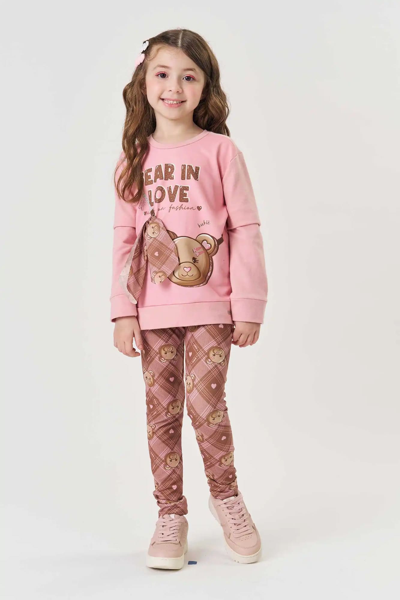 Conjunto Infantil Kukiê Inverno com Calça Legging e Blusa Manga Longa Rosa Ursinha Laço