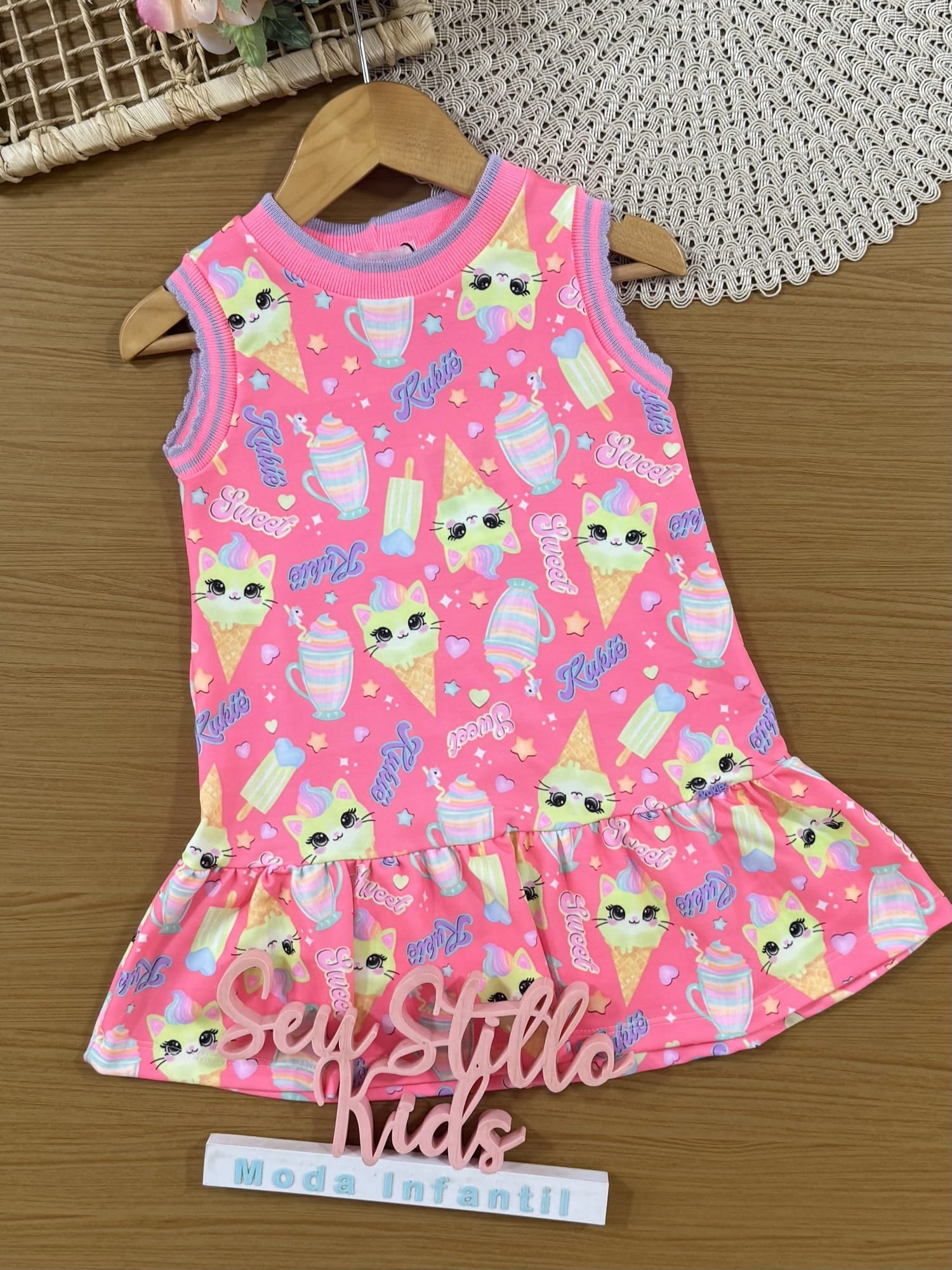 Vestido Infantil Kukiê Verão Rosa Gatinha Sorvete