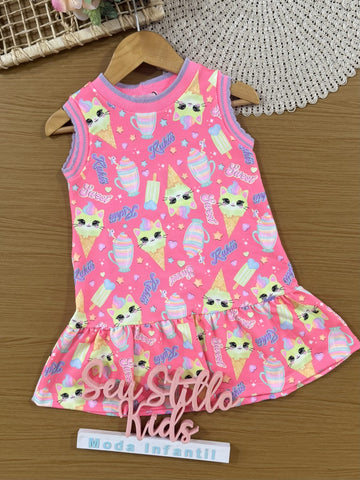 Vestido Infantil Kukiê Verão Rosa Gatinha Sorvete