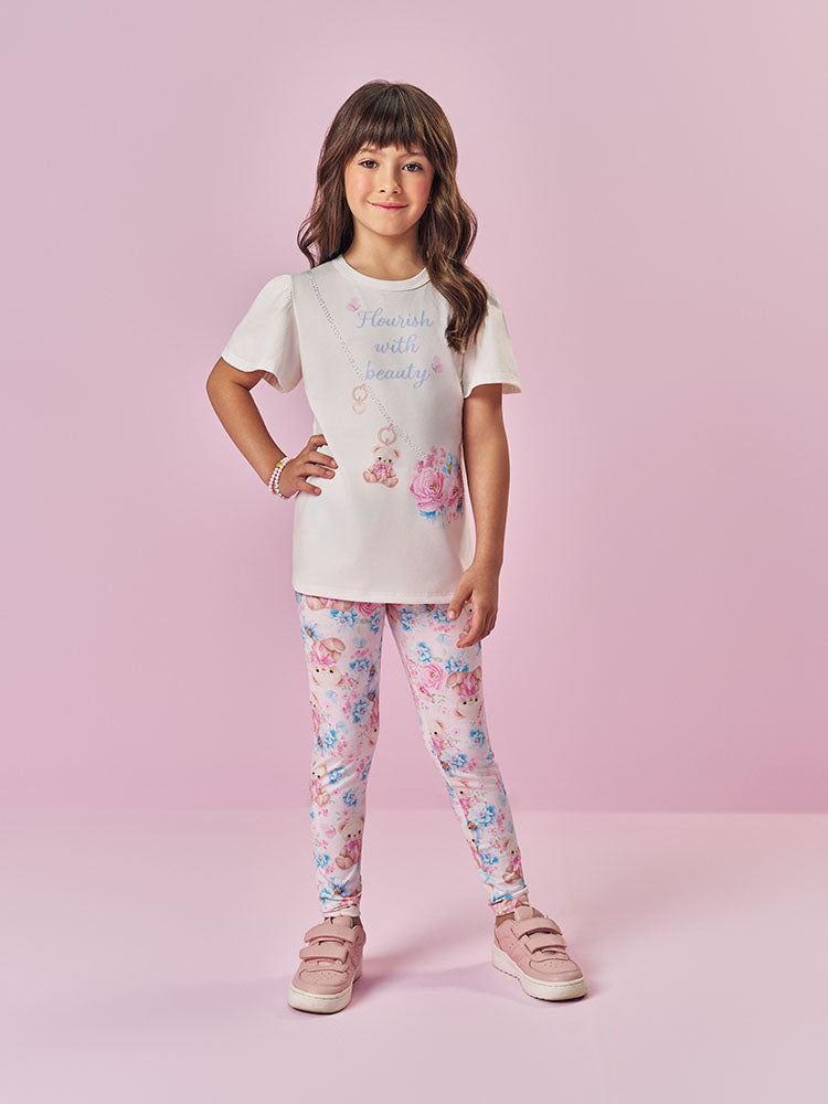 Conjunto Infantil Cinti Verão Calça Legging Rosa e Blusa Branca Flores com Strass