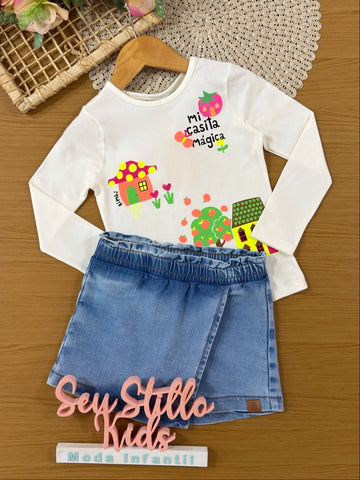 Conjunto Infantil Bimbi Inverno com Shorts Saia Jeans e Blusa Manga Longa Casinha